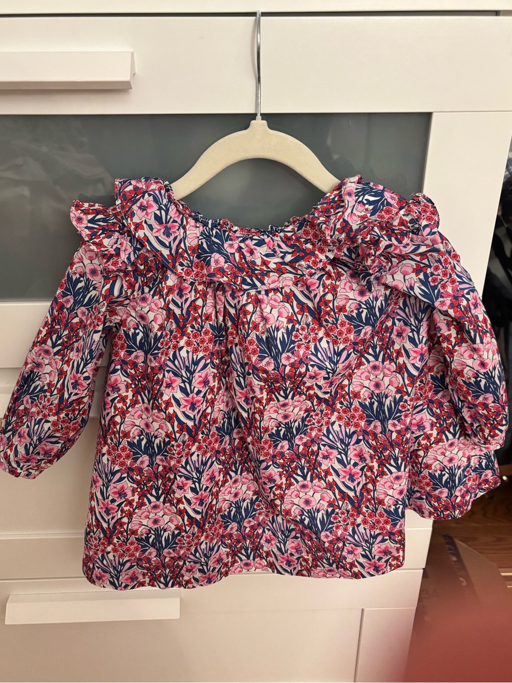 Jacadi Ruffle Long-Sleeve Top - Pink & Navy